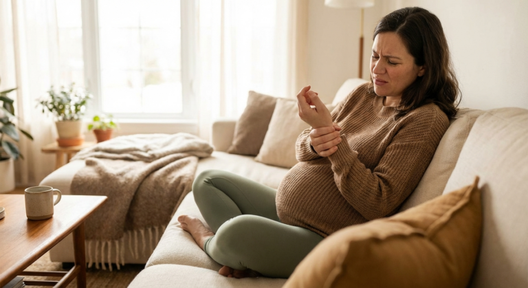 Pregnant woman holding her wrist while sitting on sofa, experiencing carpal tunnel syndrome symptoms during pregnancy