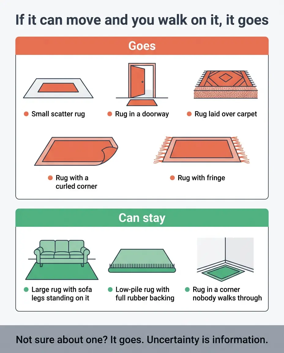 Two-column graphic sorting rug situations into remove and keep for fall safety
