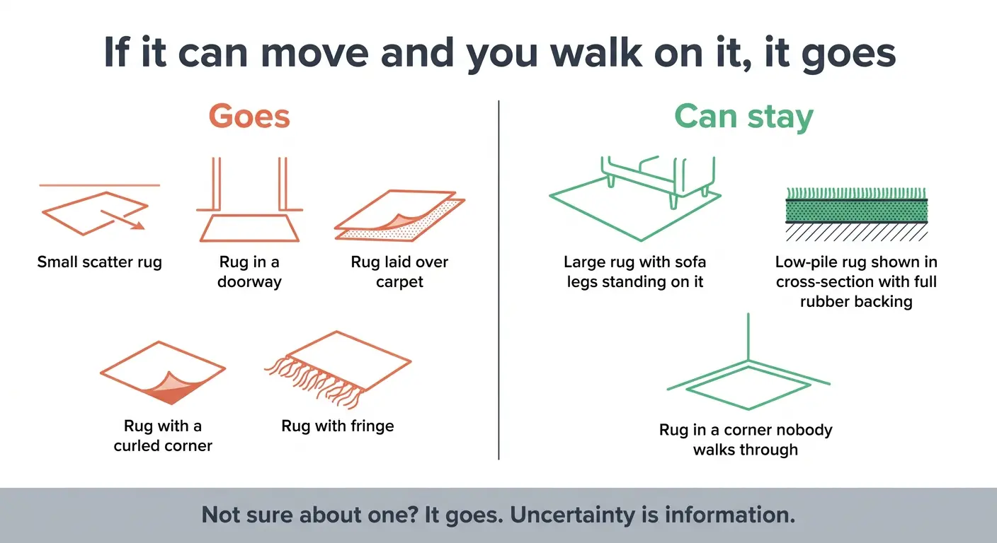 Two-column graphic sorting rug situations into remove and keep for fall safety