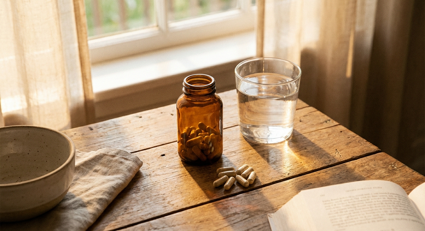 Calm morning supplement routine with capsules and water glass on natural wood surface