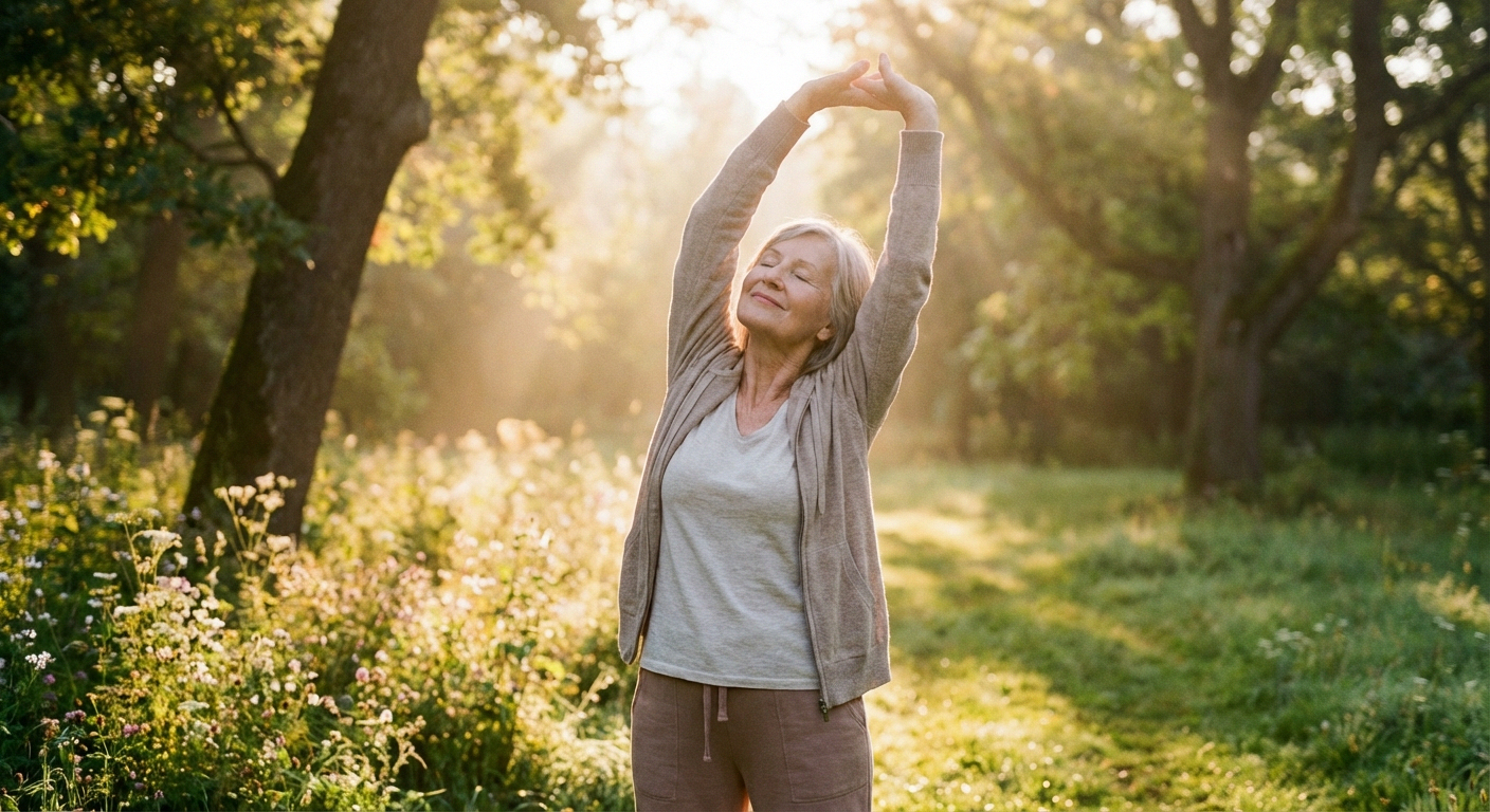Older adult doing gentle stretching exercises outdoors as part of neuropathy management