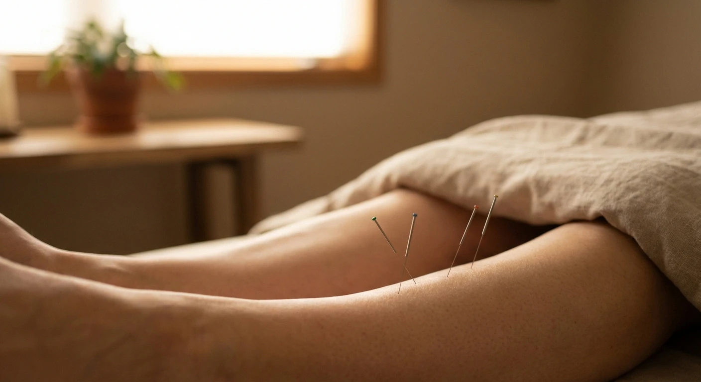 Close-up of acupuncture needles placed along lower leg for neuropathy nerve pain relief
