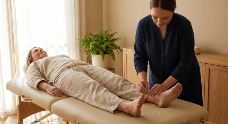 Woman receiving acupuncture treatment on feet and legs for peripheral neuropathy