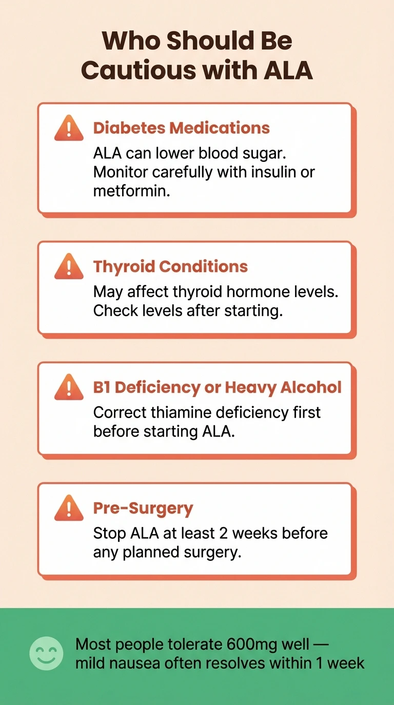 Warning cards showing four groups who should exercise caution with ALA: diabetes medication users, thyroid conditions, B1 deficiency, pre-surgery