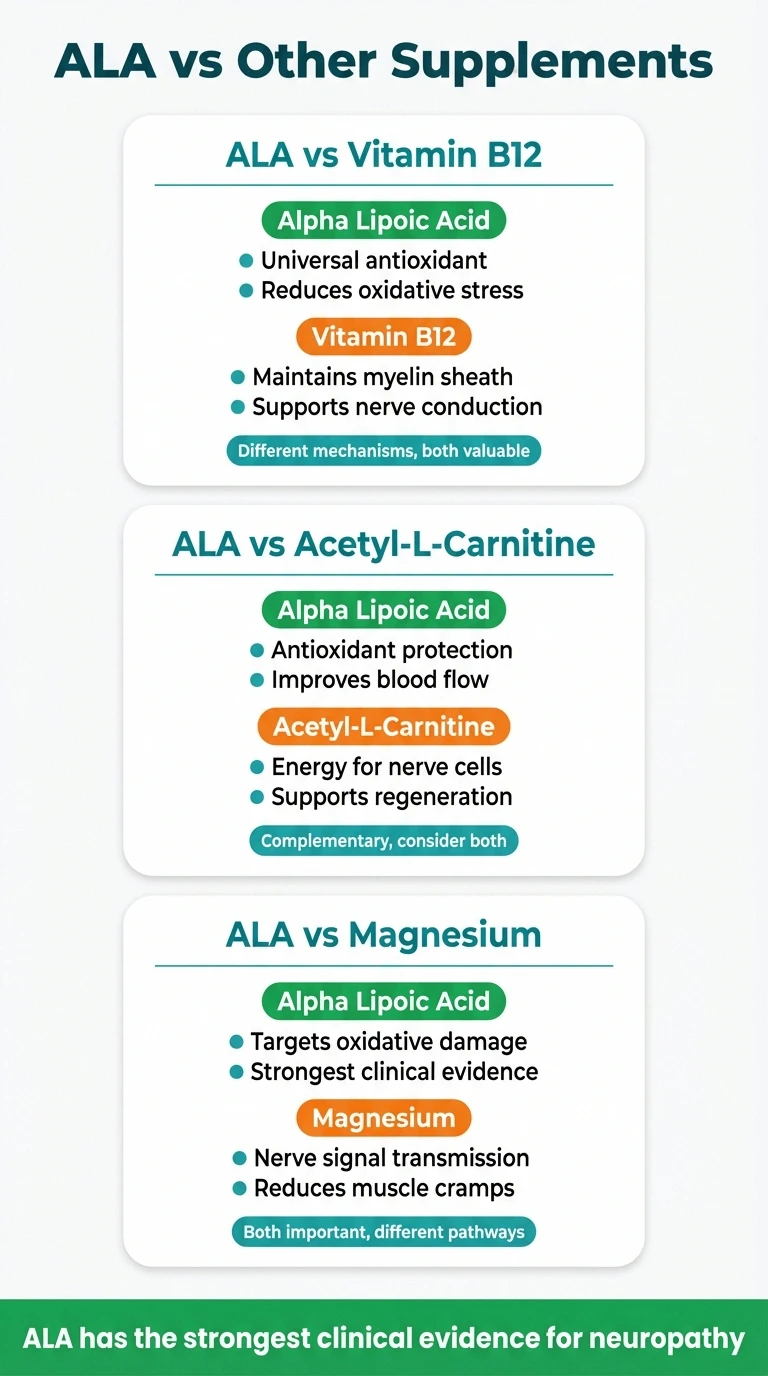 Comparison chart of alpha lipoic acid versus B12, acetyl-L-carnitine, and magnesium for neuropathy treatment