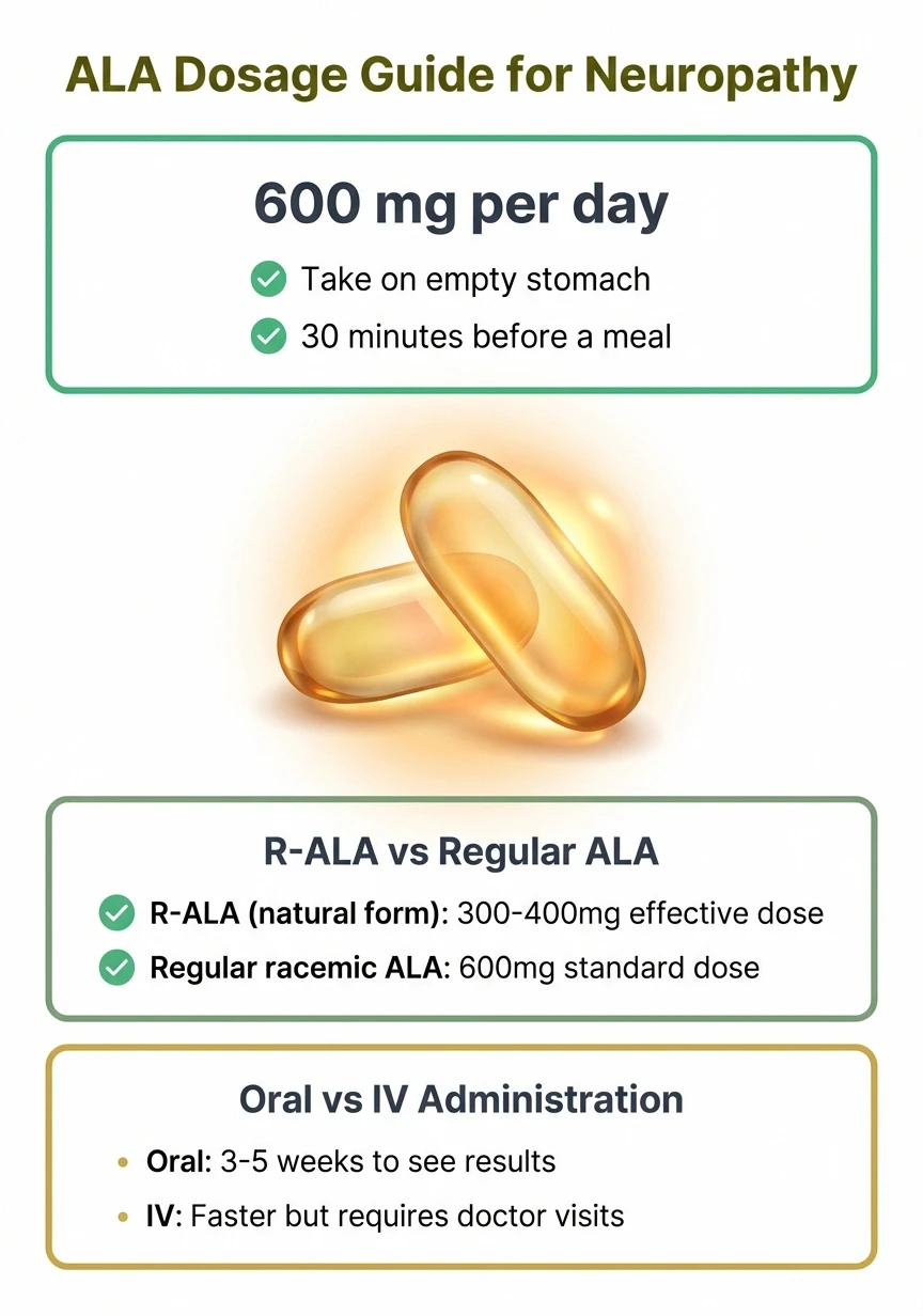 Dosage guide showing 600mg per day of alpha lipoic acid taken on empty stomach for neuropathy relief