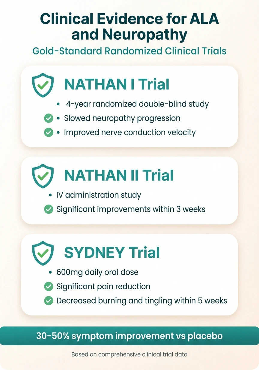 Clinical study summary showing NATHAN I, NATHAN II, and SYDNEY trial results for alpha lipoic acid and neuropathy