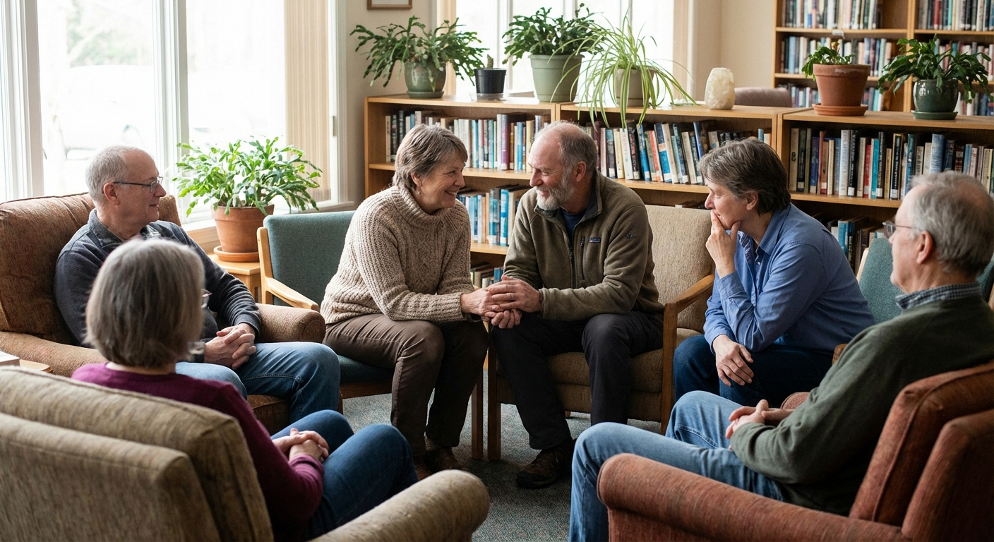 Person in support group or counseling setting for alcoholic neuropathy recovery