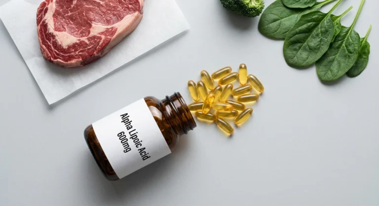 Alpha lipoic acid supplement bottle with golden gel capsules, spinach, and broccoli on a clean white surface