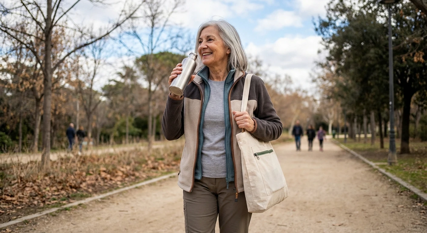 Woman staying hydrated and carrying snacks to manage autonomic neuropathy symptoms daily
