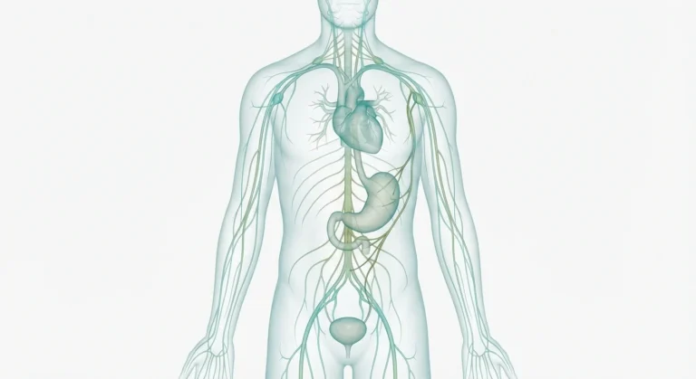 Illustration of human autonomic nervous system showing connections to heart stomach and organs