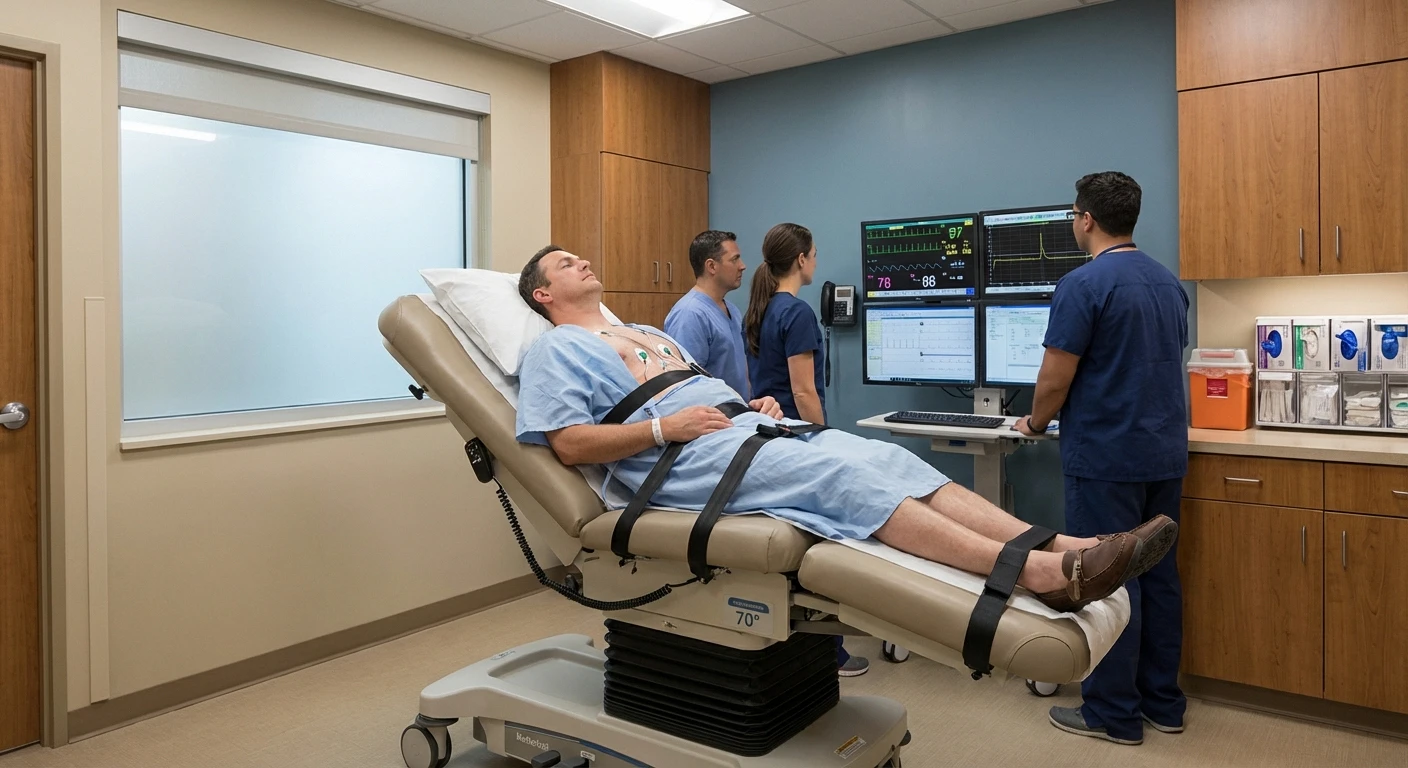 Tilt table test being performed to diagnose autonomic neuropathy in clinical setting