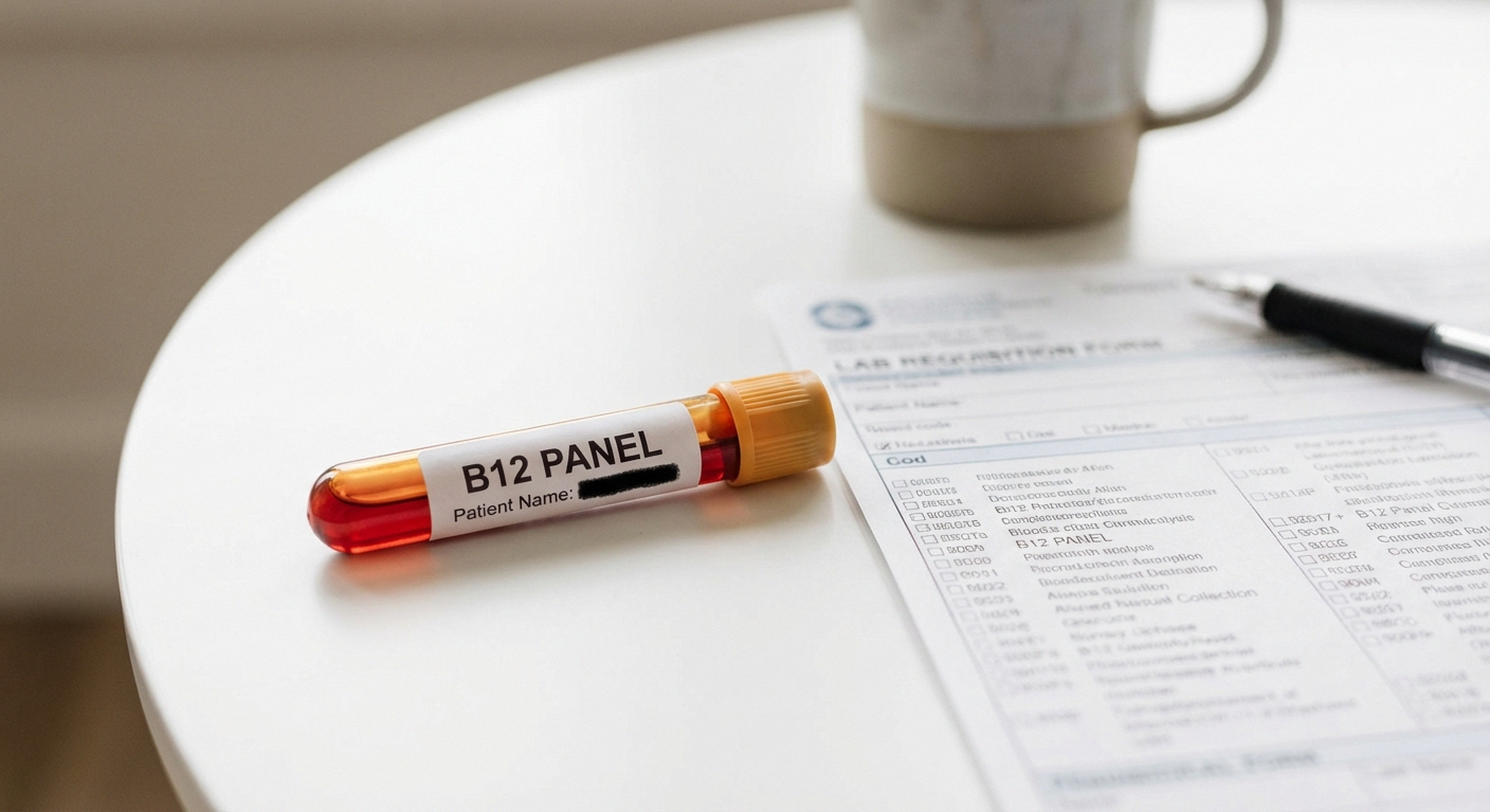 Blood test tube labeled B12 Panel alongside lab requisition form for vitamin testing