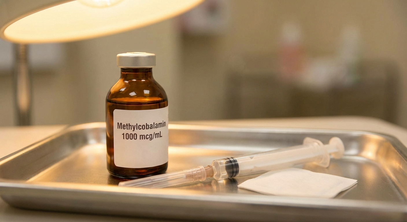 B12 methylcobalamin injection vial with clean syringe on medical tray in warm lighting