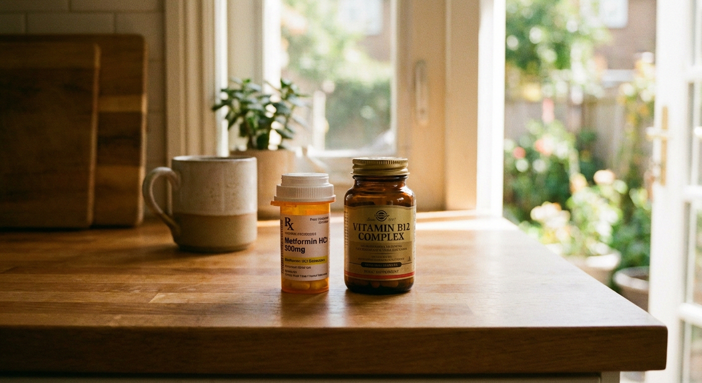 Metformin prescription bottle alongside B12 supplement bottle on kitchen counter