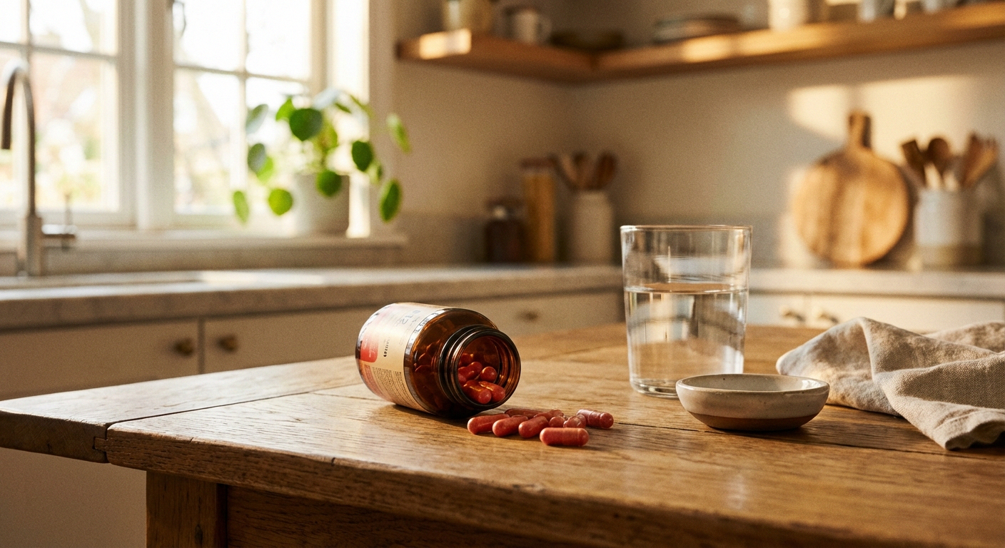 B12 methylcobalamin supplement capsules spilling from bottle on warm wooden surface