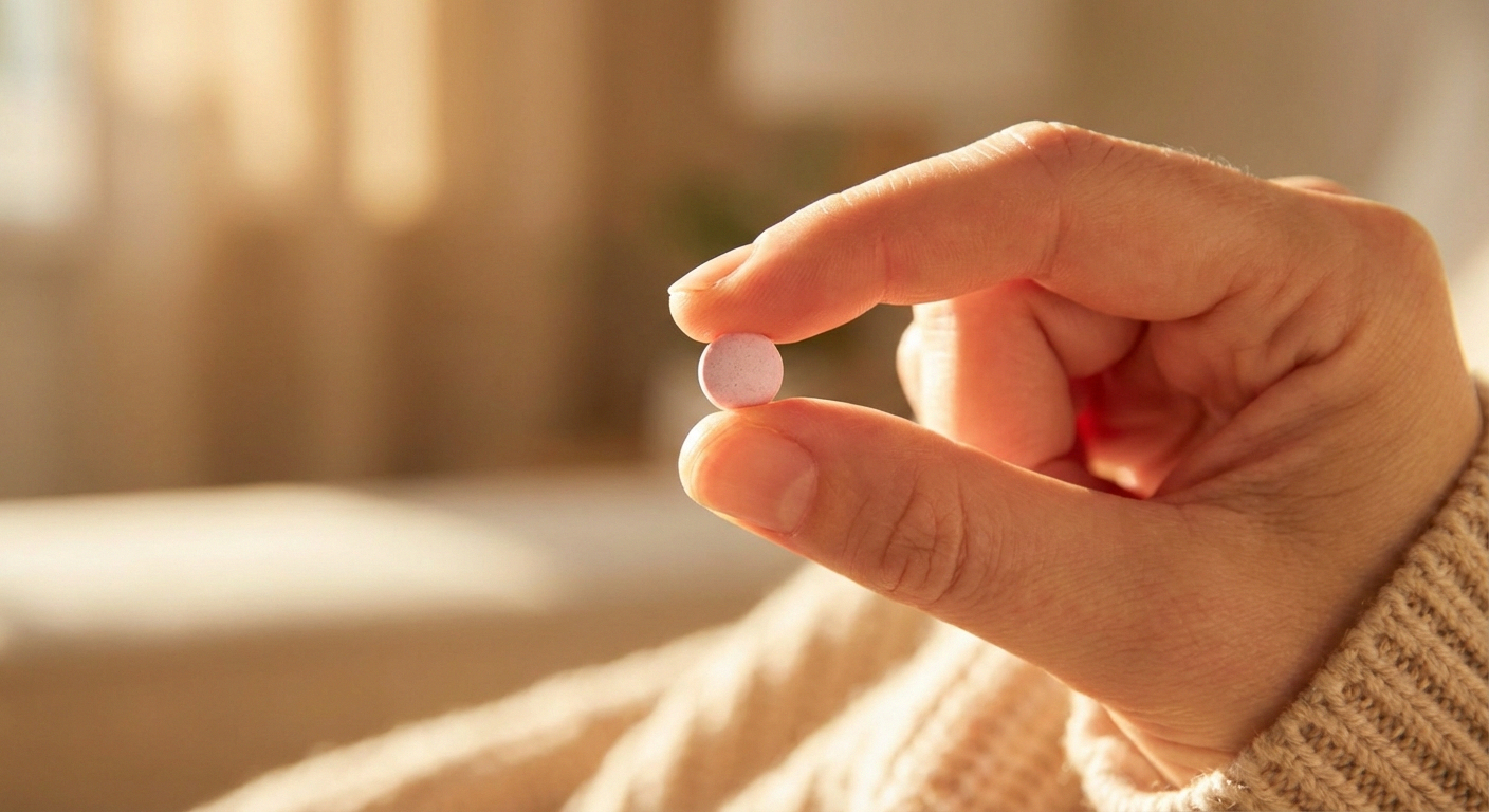 Small pink sublingual B12 tablet held between fingers with soft warm background