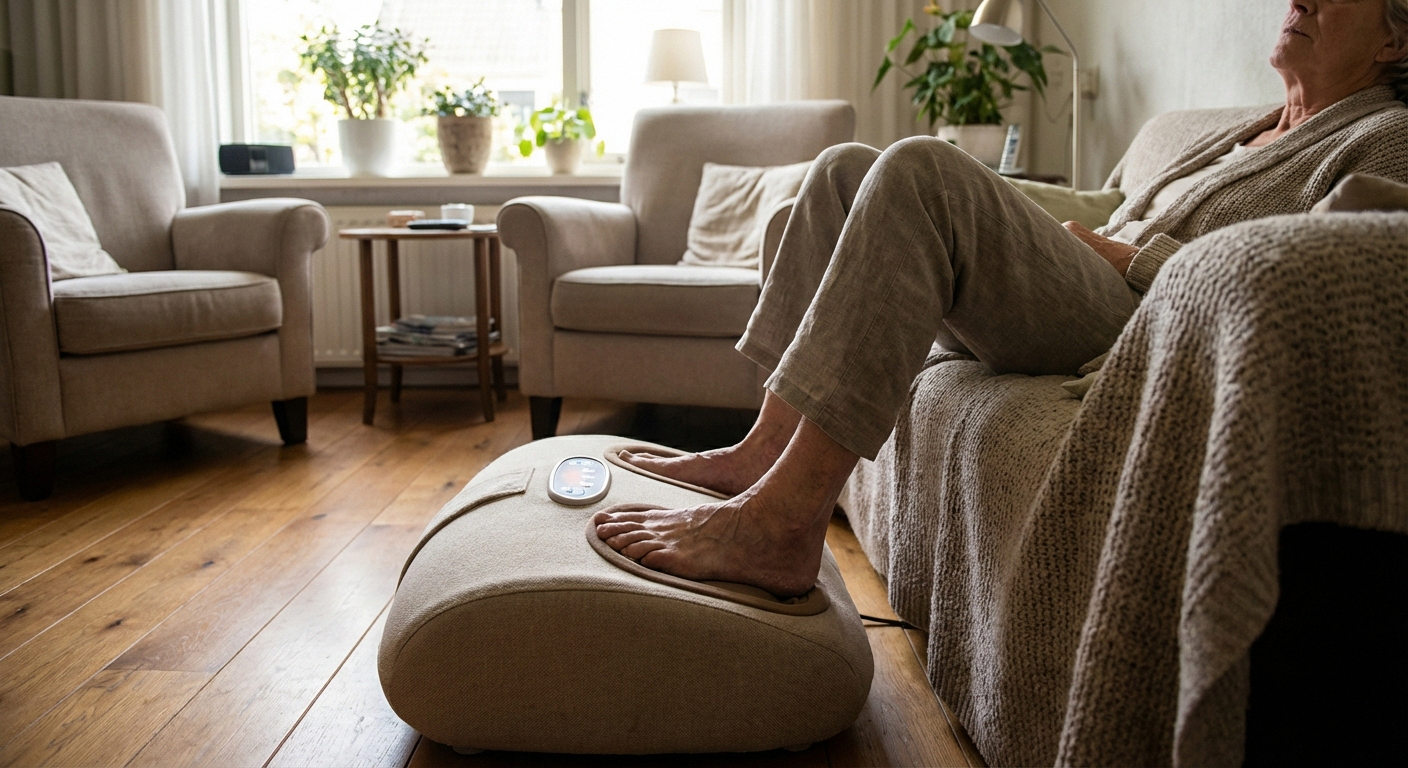 Electric foot massager device with feet resting in it for neuropathy pain relief