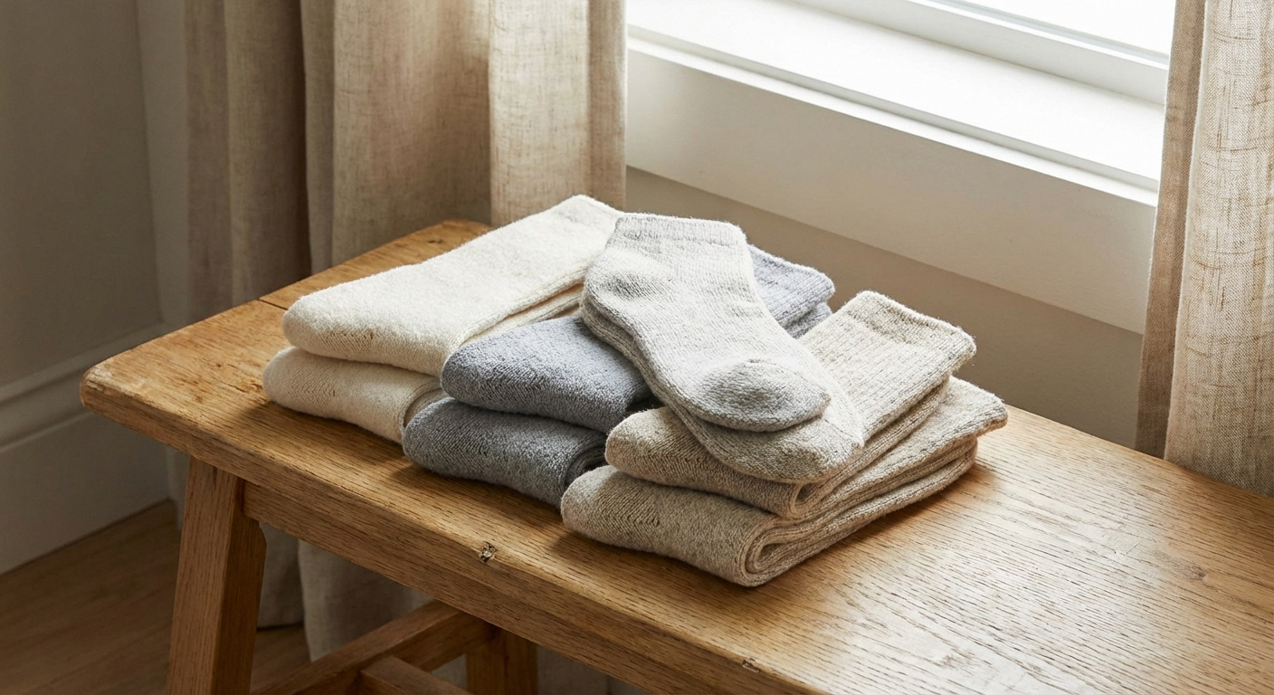 Display of diabetic and neuropathy-friendly socks showing seamless cushioned construction