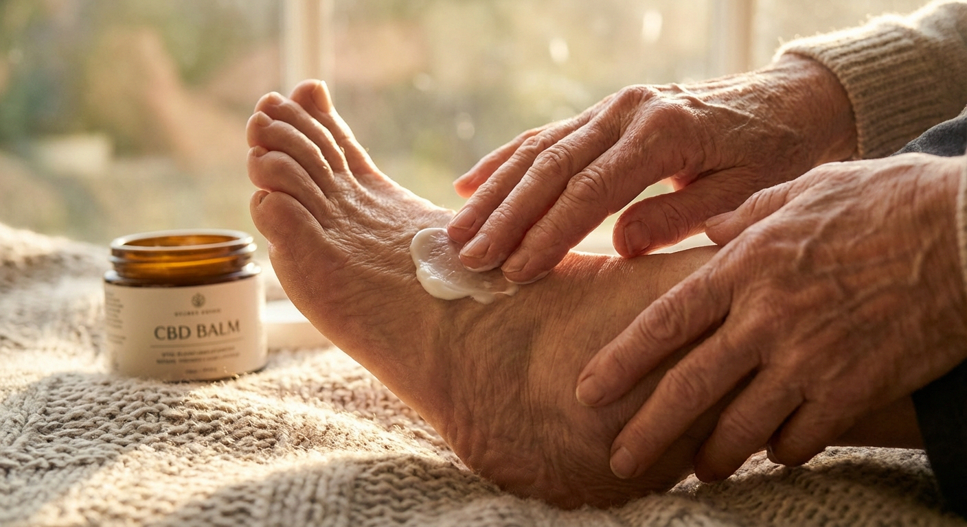 Person applying CBD cream to feet and ankles for neuropathy pain relief