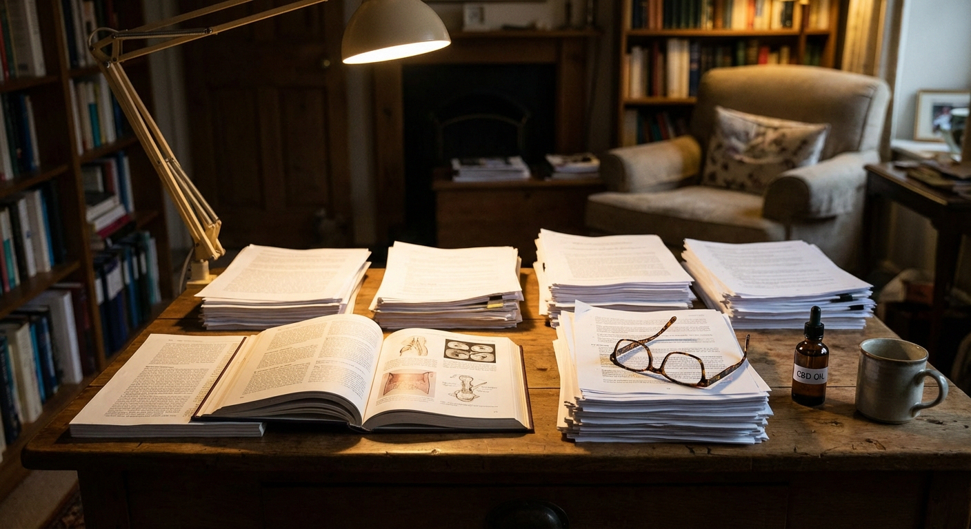 Stack of research papers and journals on CBD for neuropathy evidence base