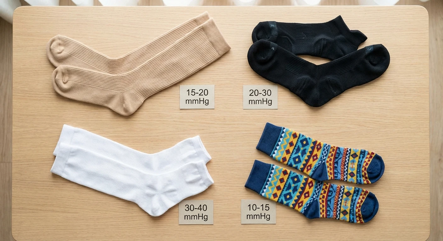 Different types of compression socks for neuropathy showing various compression levels and styles