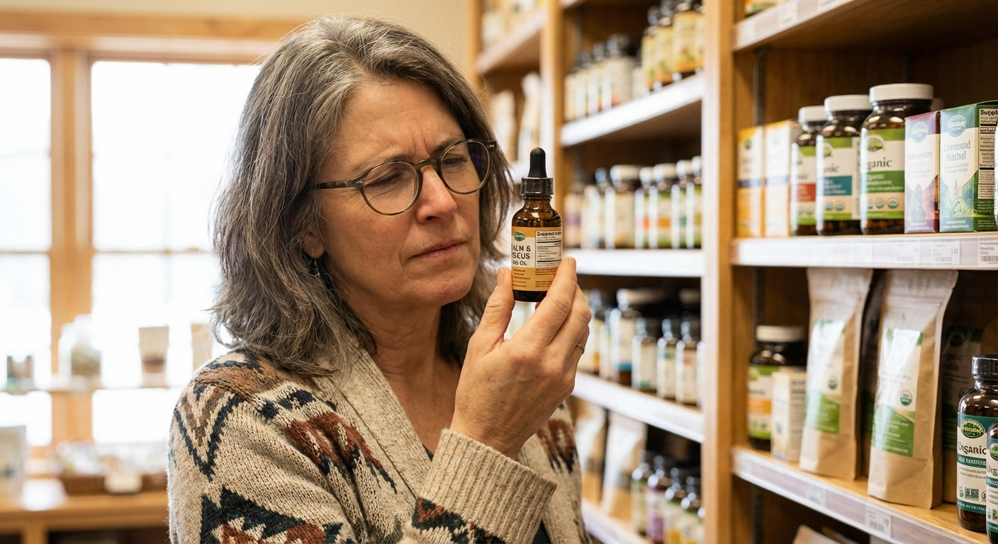 Person reading CBD product label carefully in health store for neuropathy treatment