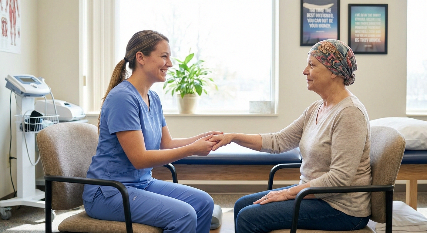 Physical therapy session focused on hands and feet exercises for chemo neuropathy
