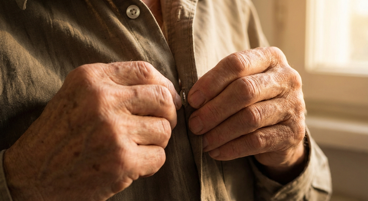 Hands struggling to button a shirt, showing fine motor difficulty from chemo-induced neuropathy