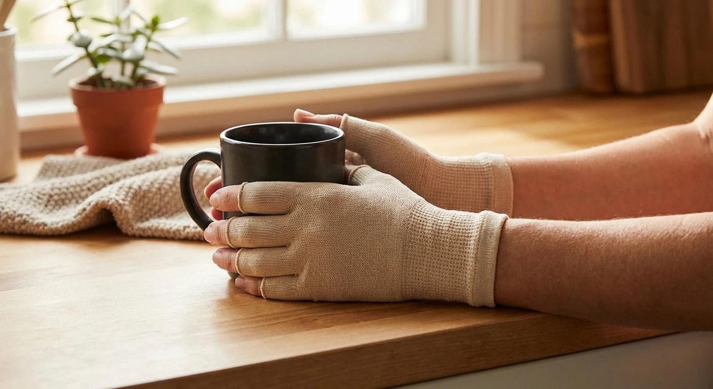 Person wearing compression gloves for hand neuropathy while holding a warm drink