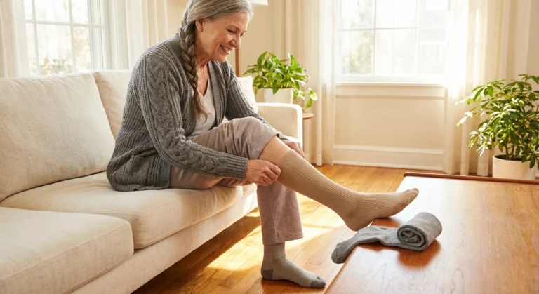Woman putting on compression socks for neuropathy symptom relief