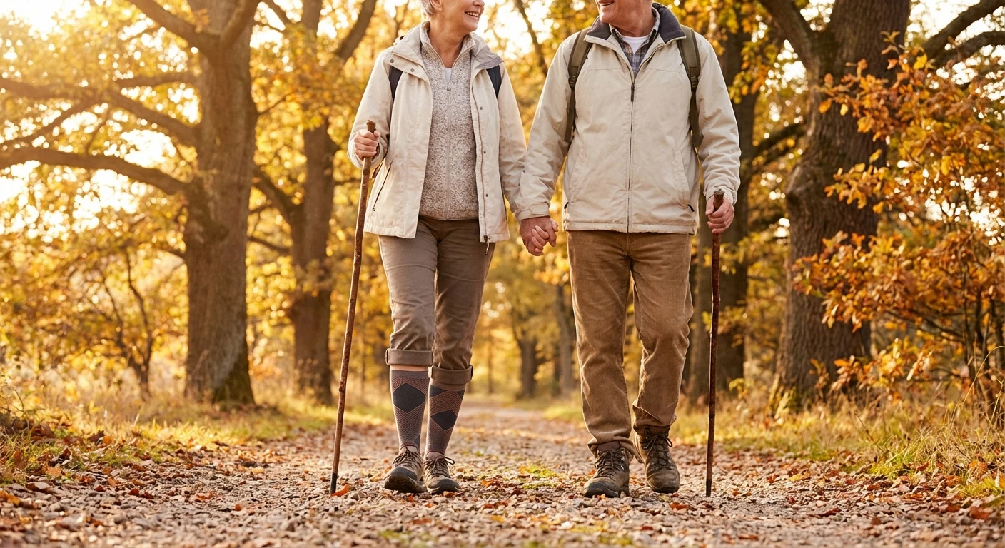Active older couple walking comfortably with compression socks for neuropathy support