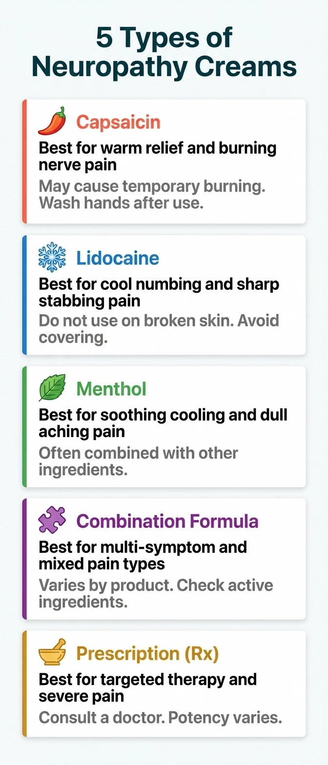 Infographic comparing 5 types of neuropathy creams: capsaicin, lidocaine, menthol, combination, and prescription