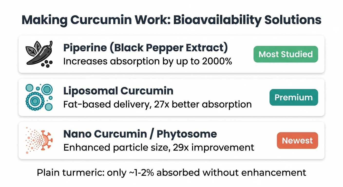 Infographic comparing curcumin bioavailability solutions including piperine liposomal and nano forms
