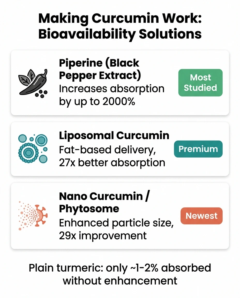 Infographic comparing curcumin bioavailability solutions including piperine liposomal and nano forms
