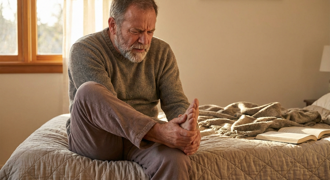 Person carefully examining bottom of foot with good lighting during daily neuropathy foot inspection