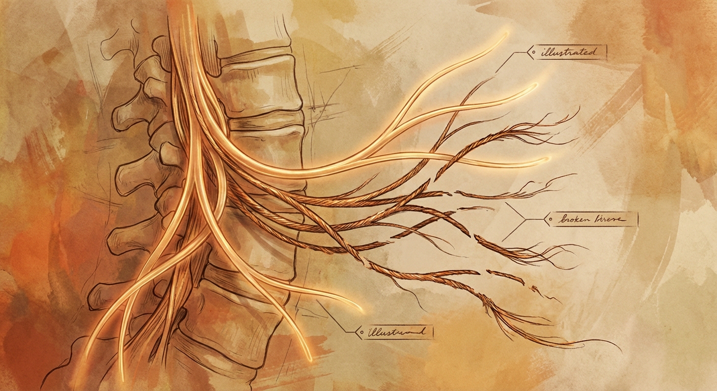 Warm illustration of nerve fibers with some appearing damaged and frayed from diabetes