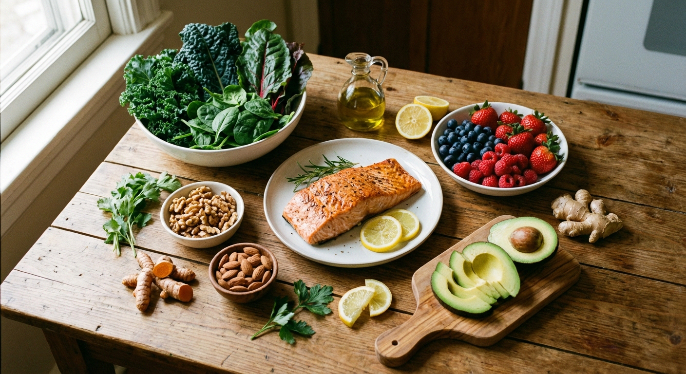 Colorful anti-inflammatory meal spread with salmon, leafy greens, berries, and nuts for diabetic neuropathy diet