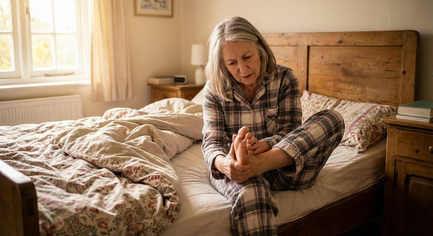 Person sitting on bed edge examining their feet with concerned expression, checking for neuropathy warning signs