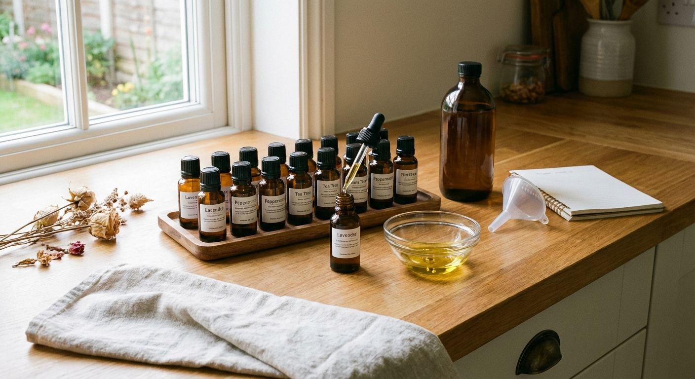 Small amber glass bottles, carrier oil, dropper, and mixing bowl for DIY essential oil neuropathy blend