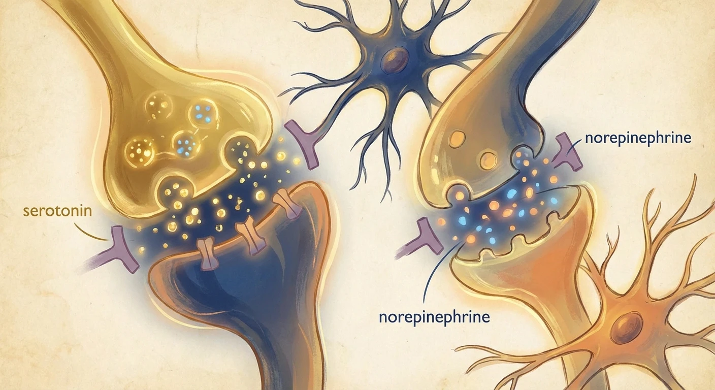 Illustration of SNRI mechanism showing serotonin and norepinephrine reuptake inhibition
