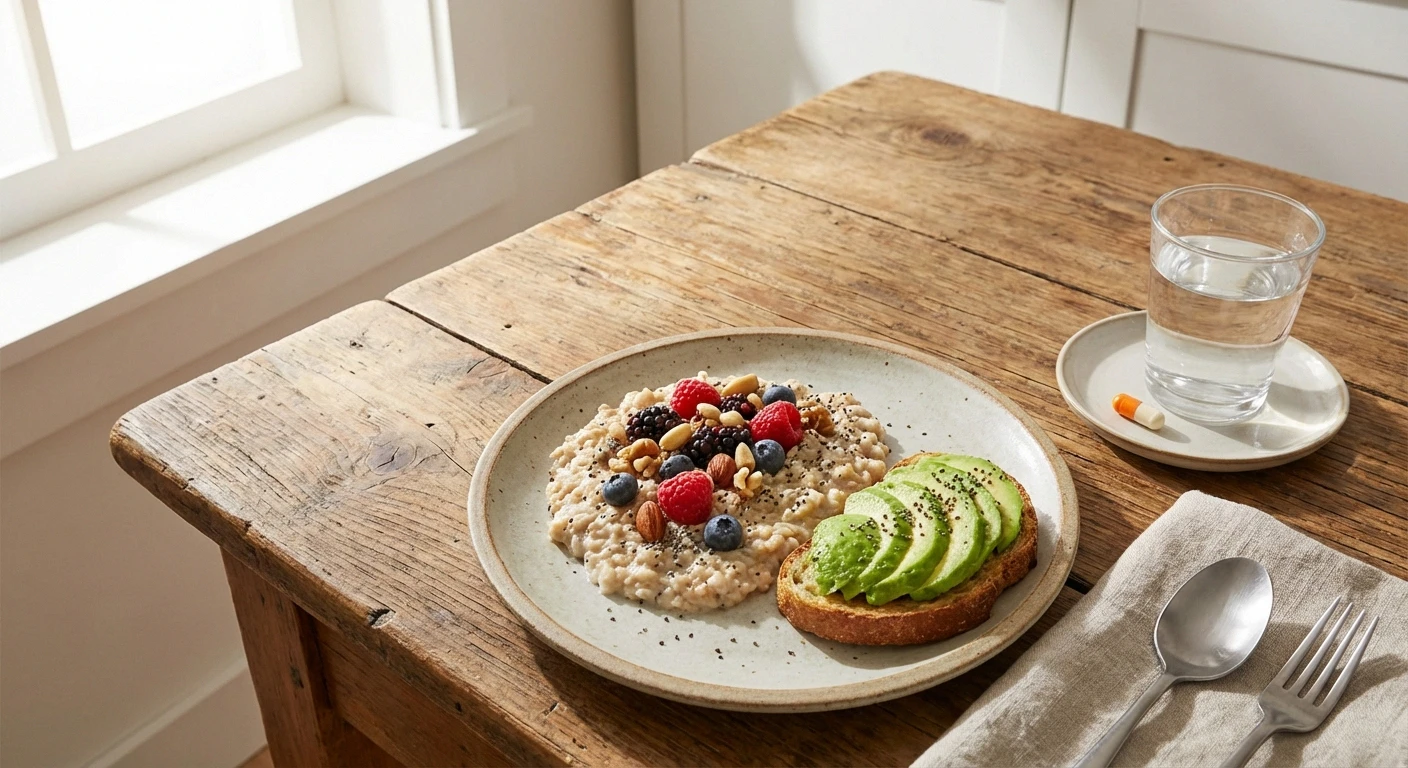 Healthy meal with medication showing tip to take duloxetine with food to reduce nausea