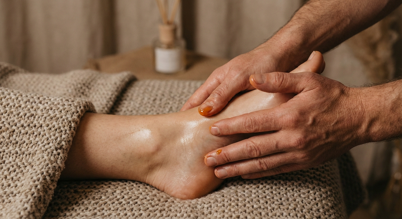 Hands applying diluted essential oil to feet with gentle massage motion for neuropathy relief