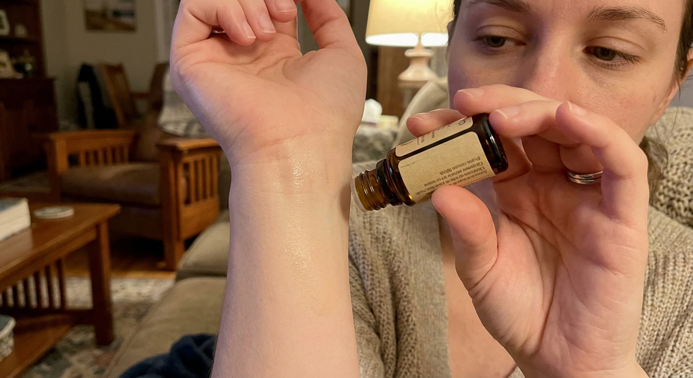 Person doing patch test on inner wrist, demonstrating safe essential oil use for neuropathy