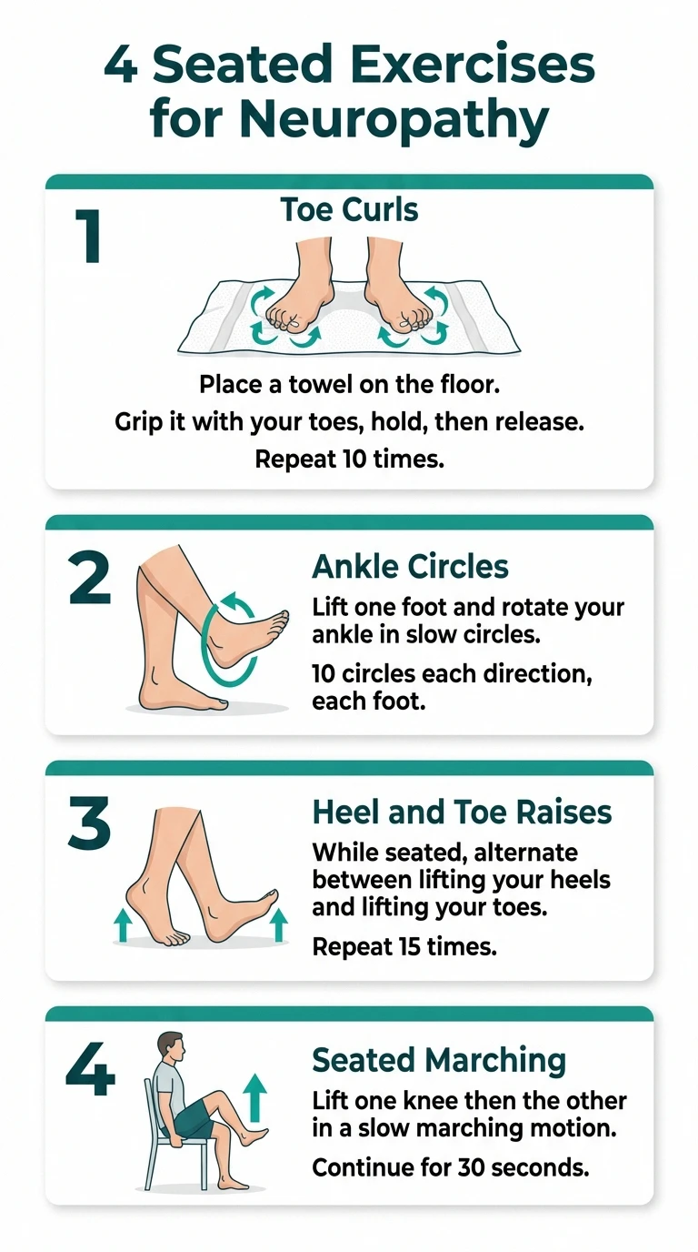 Illustrated guide showing four seated exercises for neuropathy: toe curls, ankle circles, heel and toe raises, seated marching