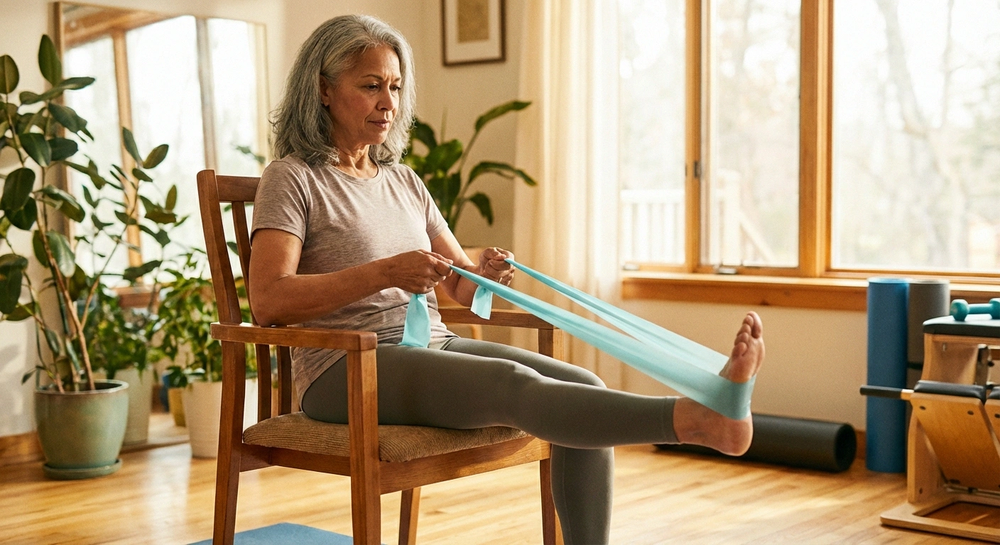 Senior using resistance band for foot exercises