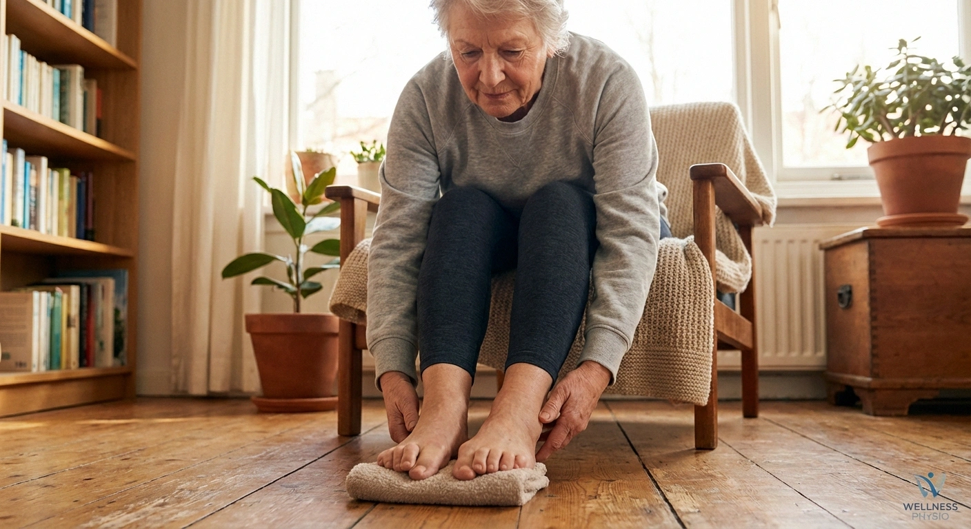 Senior doing toe curl exercises while seated
