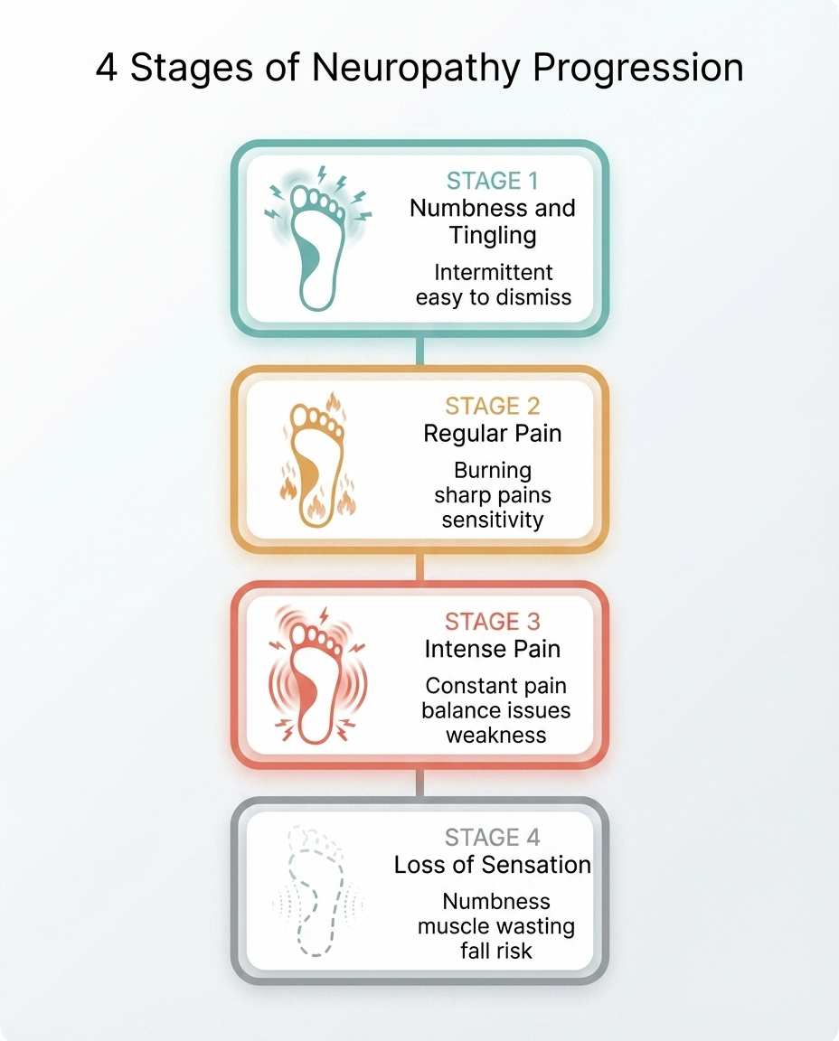 Infographic showing four stages of neuropathy from tingling to loss of sensation