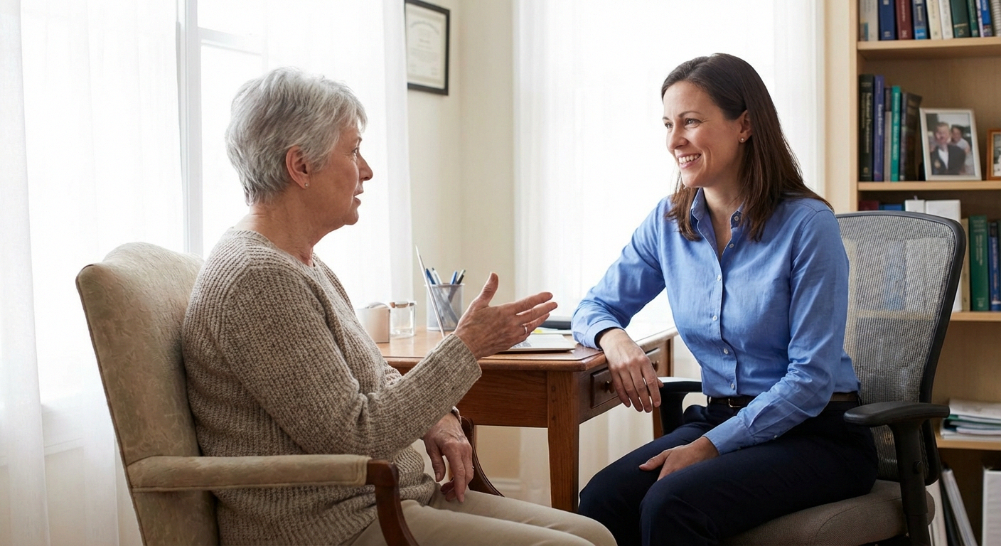 Patient talking with doctor at desk about neuropathy medication in warm medical setting