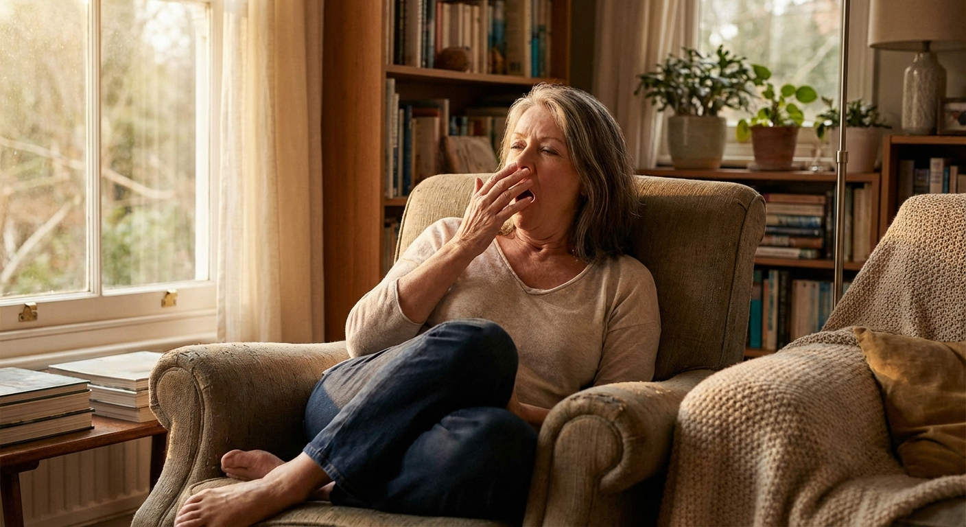 Person yawning and looking drowsy mid-afternoon, suggesting common gabapentin side effect